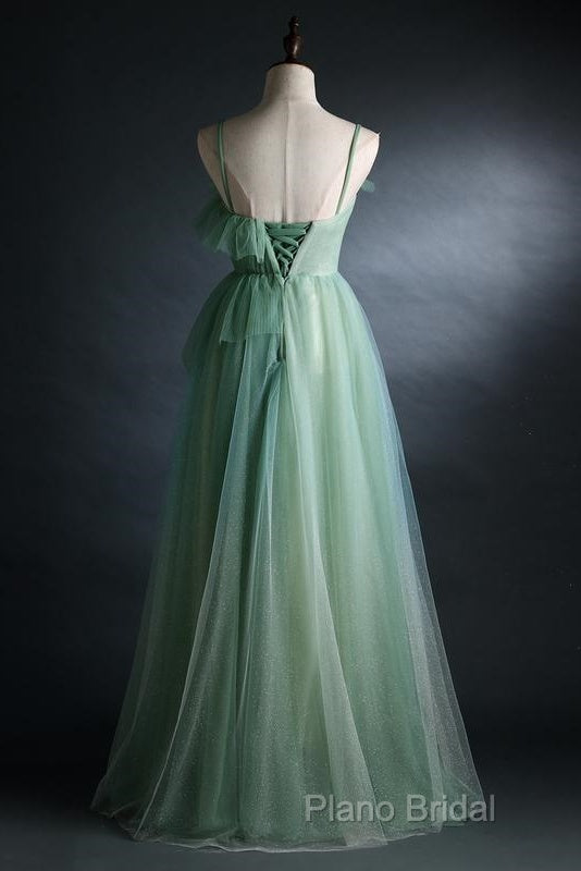 Light Green Straps Tulle Floor Length A-Line Formal Prom Dresses, Tulle Scoop Party Dresses Formal Dresses
