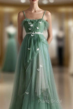 Light Green Straps Tulle Floor Length A-Line Formal Prom Dresses, Tulle Scoop Party Dresses Formal Dresses