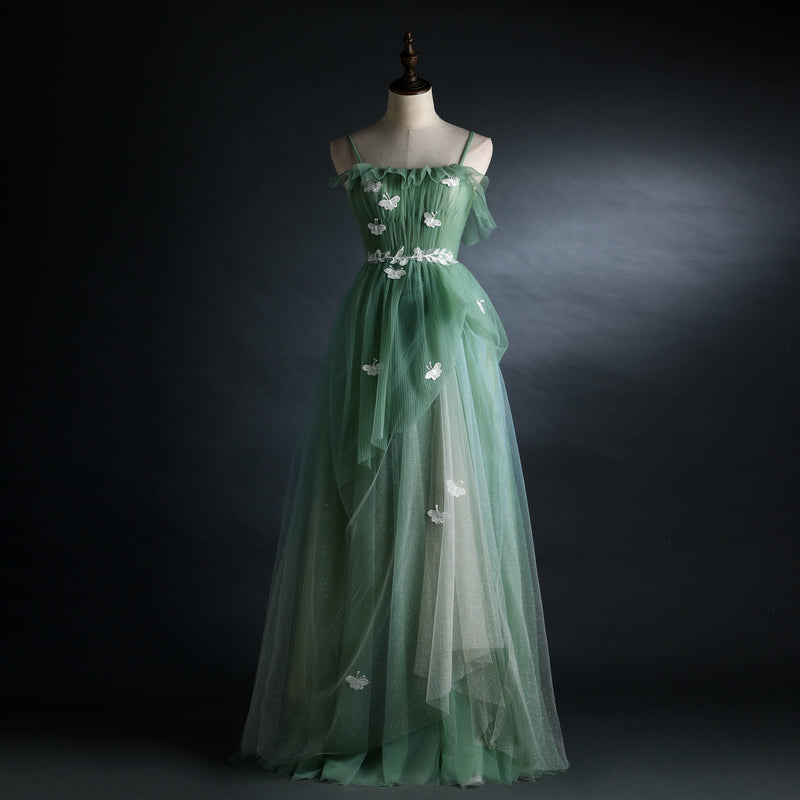 Light Green Straps Tulle Floor Length A-Line Formal Prom Dresses, Tulle Scoop Party Dresses Formal Dresses