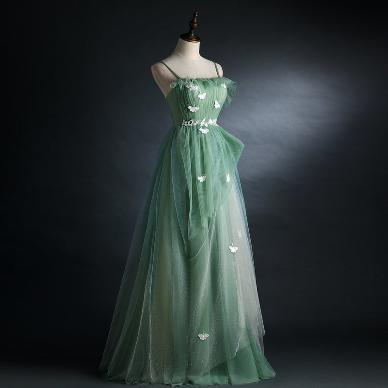 Light Green Straps Tulle Floor Length A-Line Formal Prom Dresses, Tulle Scoop Party Dresses Formal Dresses