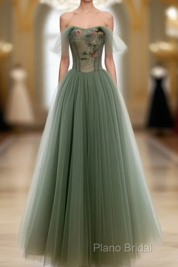 Light Green Sweetheart A-Line Formal Prom Dresses, Green Long Party Dresses With Lace Applique Main image