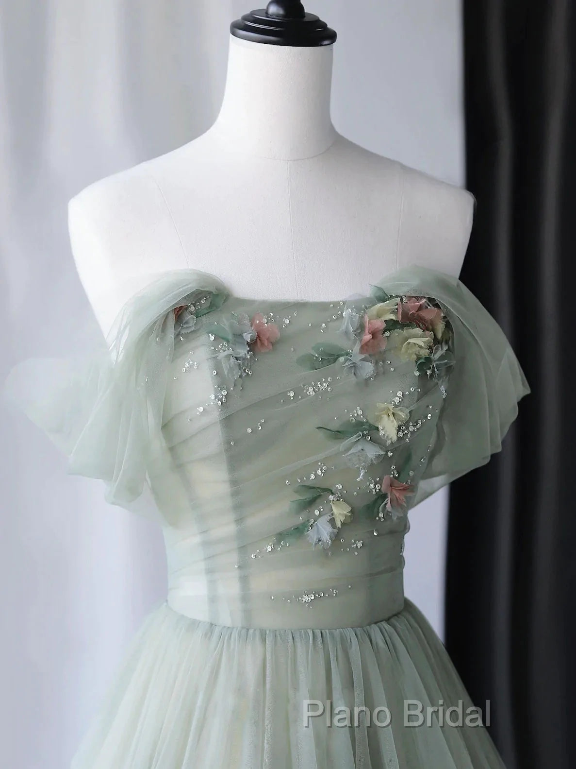 Light Green Sweetheart Beaded And Flowers Party Dresses, Tulle Green Formal Dresses