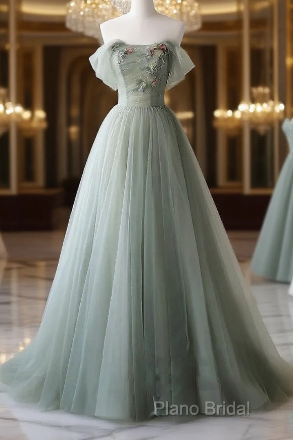 Light Green Sweetheart Beaded And Flowers Party Dresses, Tulle Green Formal Dresses