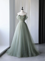 Light Green Sweetheart Beaded And Flowers Party Dresses, Tulle Green Formal Dresses