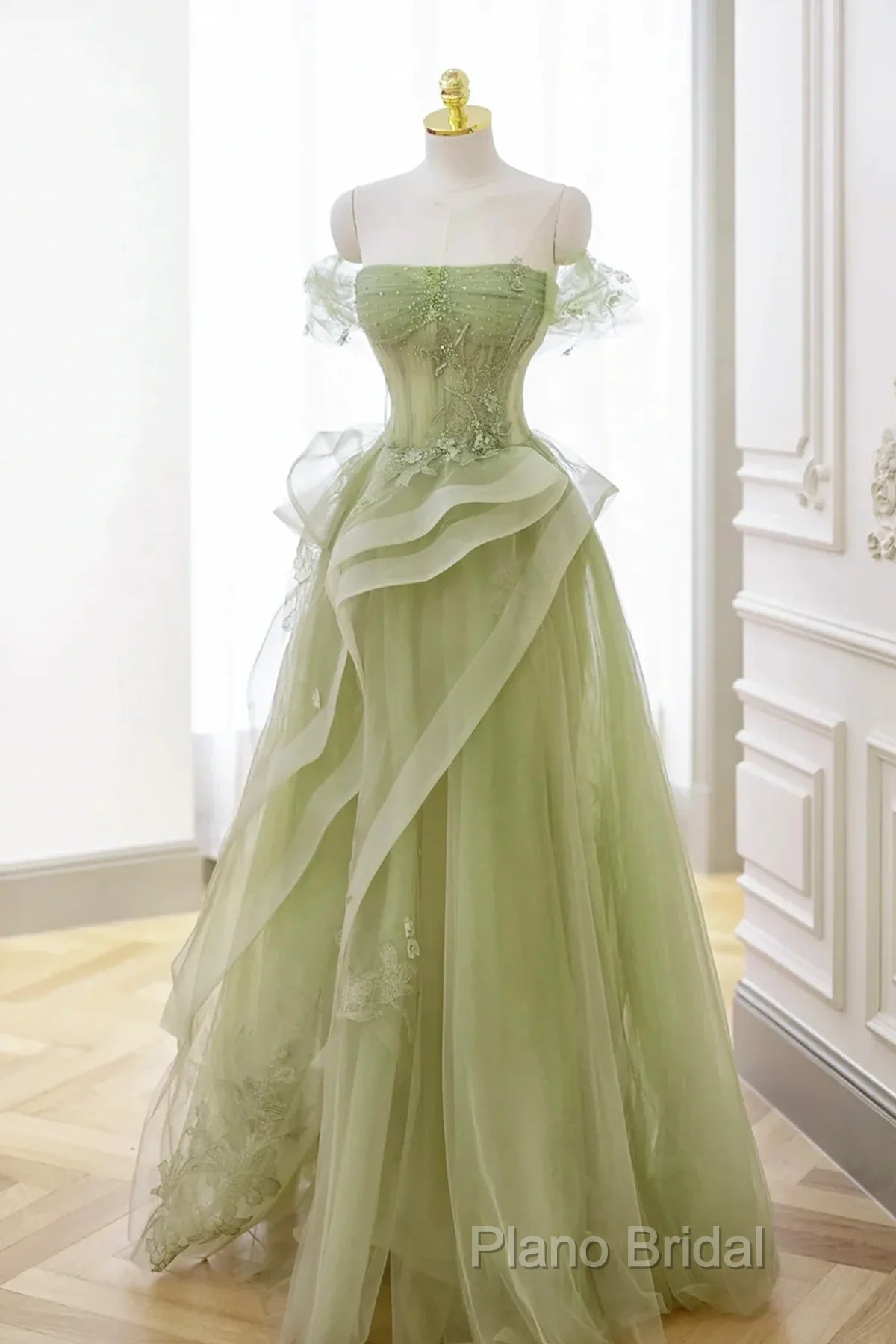 Light Green Sweetheart Beaded Off Shoulder Party Dresses, Light Green Tulle Formal Prom Dresses