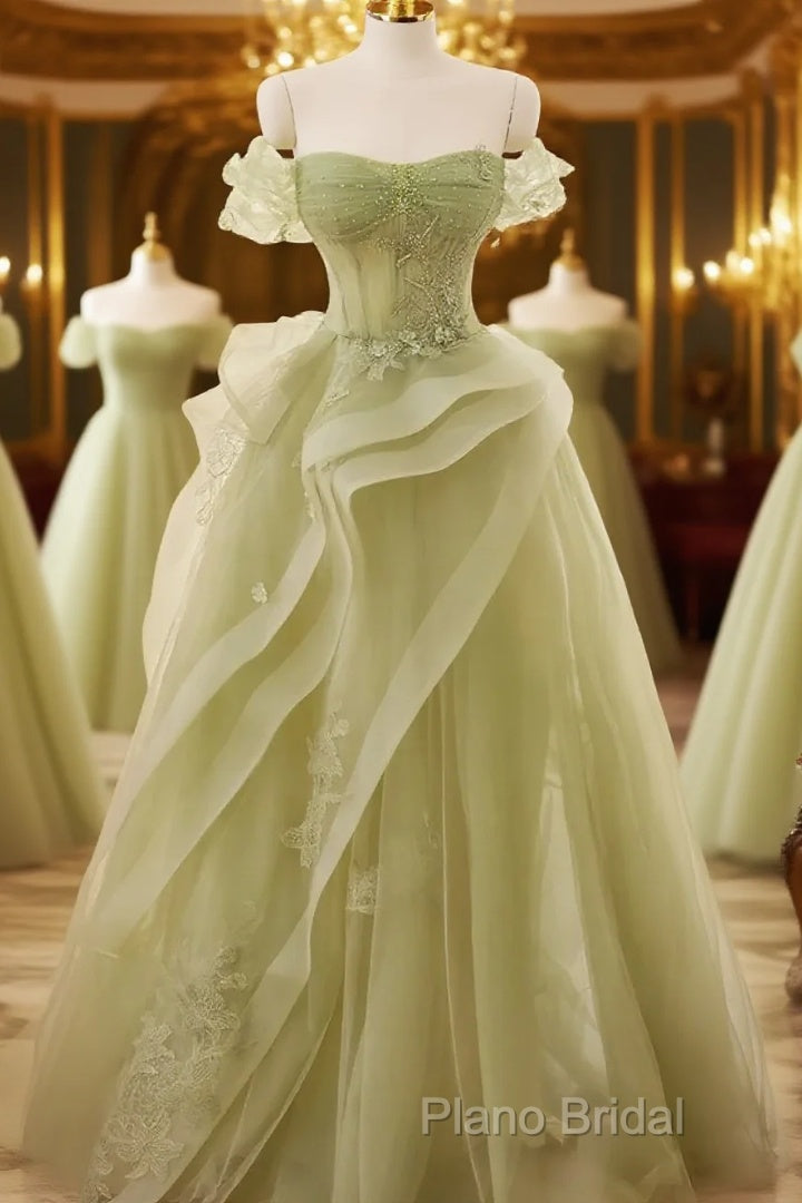 Light Green Sweetheart Beaded Off Shoulder Party Dresses, Light Green Tulle Formal Prom Dresses