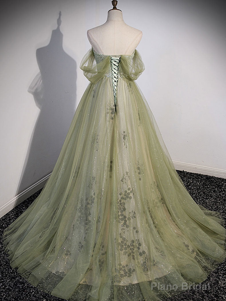 Light Green Sweetheart Tulle Beaded Party Dress, Green Long Prom Dress Secondary image