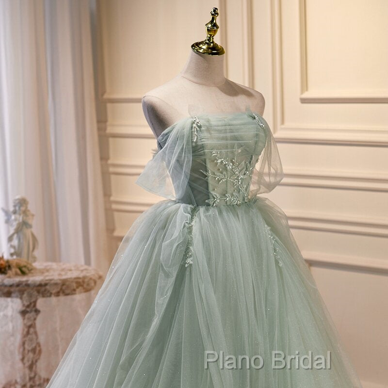 Light Green Tulle Beaded Ball Gown Off Shoulder Party Dresses, Green Sweet 16 Dresses Secondary image