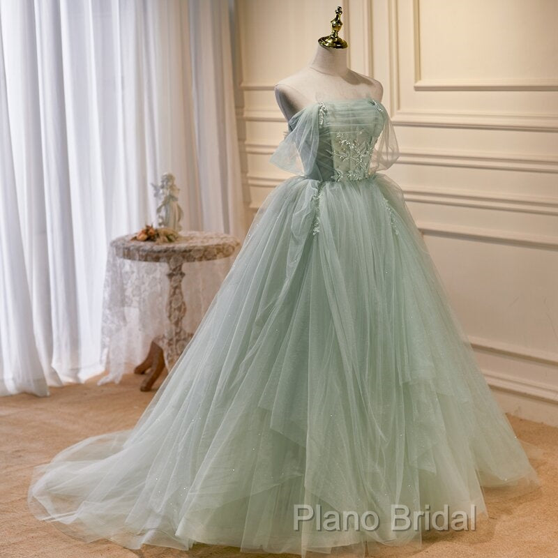 Light Green Tulle Beaded Ball Gown Off Shoulder Party Dresses, Green Sweet 16 Dresses