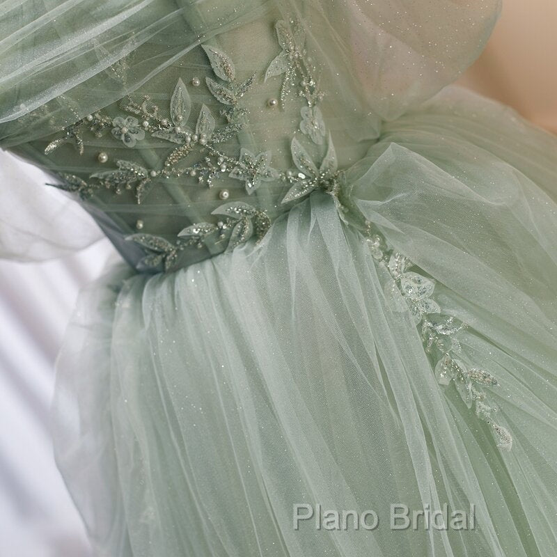 Light Green Tulle Beaded Ball Gown Off Shoulder Party Dresses, Green Sweet 16 Dresses