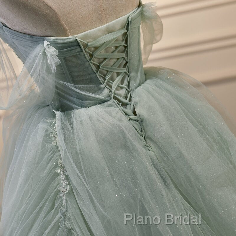 Light Green Tulle Beaded Ball Gown Off Shoulder Party Dresses, Green Sweet 16 Dresses