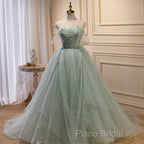 Light Green Tulle Beaded Ball Gown Off Shoulder Party Dresses, Green Sweet 16 Dresses