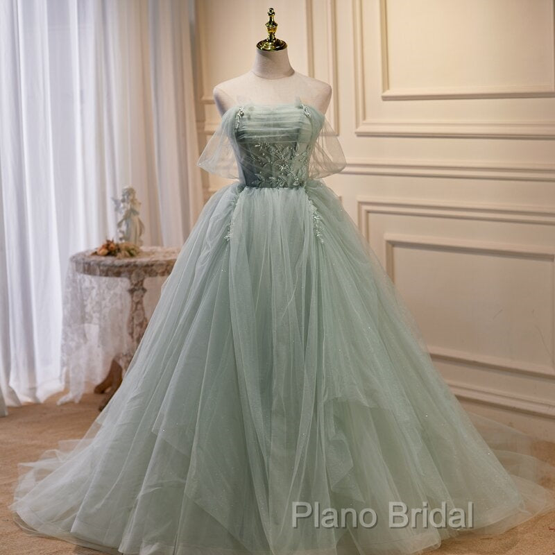Light Green Tulle Beaded Ball Gown Off Shoulder Party Dresses, Green Sweet 16 Dresses