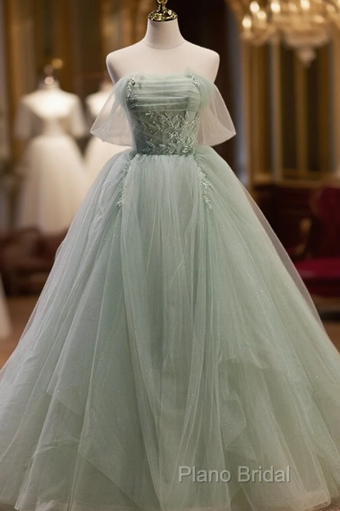 Light Green Tulle Beaded Ball Gown Off Shoulder Party Dresses, Green Sweet 16 Dresses Main image