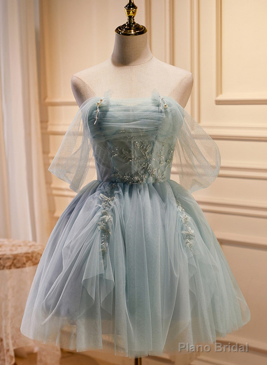 Light Green Tulle Beaded Short Prom Dress, Green Tulle Formal Dress Homecoming Dress Main image