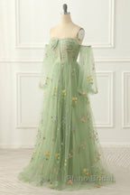 Light Green Tulle Floral Sleeves Long Party Dresses, A-Line Light Green Formal Prom Dresses