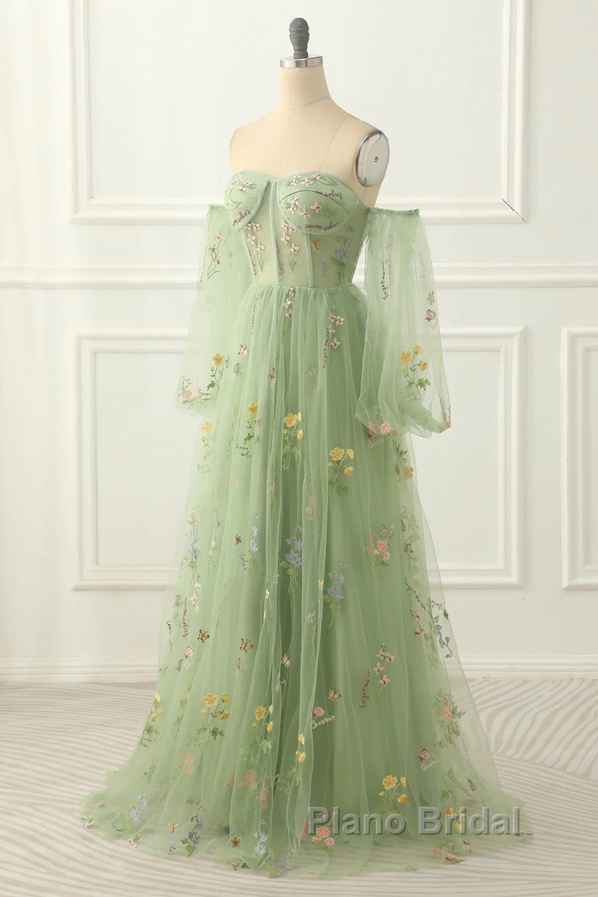 Light Green Tulle Floral Sleeves Long Party Dresses, A-Line Light Green Formal Prom Dresses