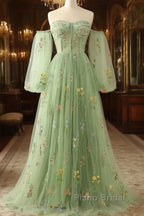 Light Green Tulle Floral Sleeves Long Party Dresses, A-Line Light Green Formal Prom Dresses
