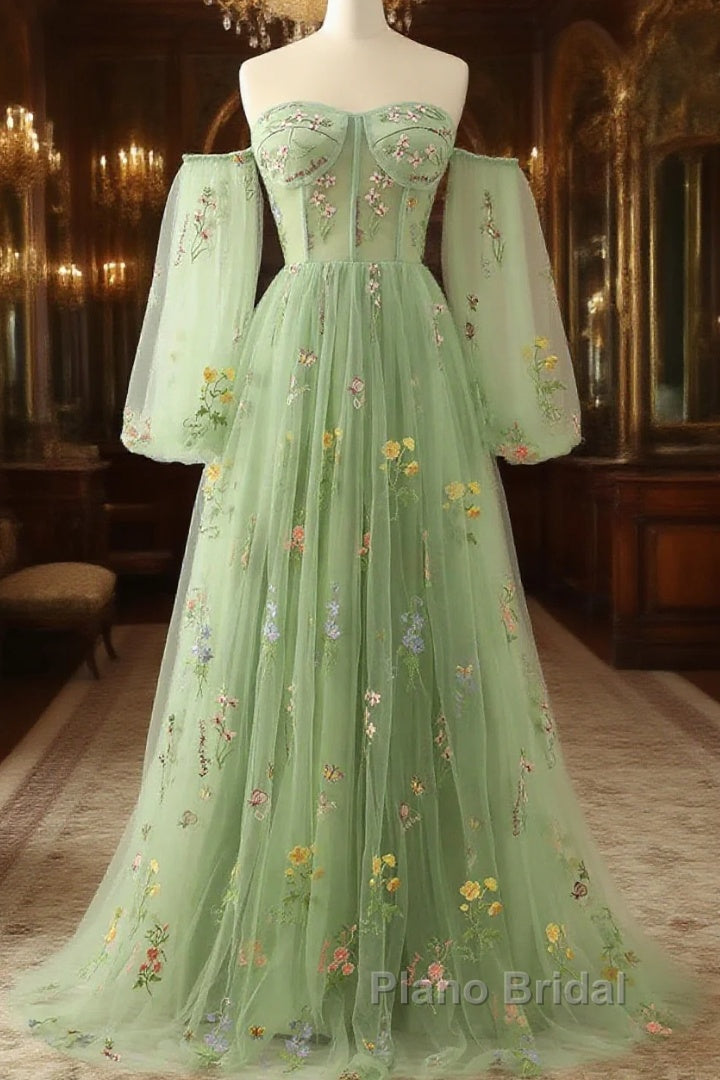 Light Green Tulle Floral Sleeves Long Party Dresses, A-Line Light Green Formal Prom Dresses Main image