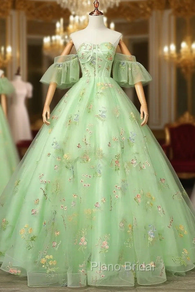 Light Green Tulle Floral Straps Long Formal Dresses, Light Green Formal Prom Dresses