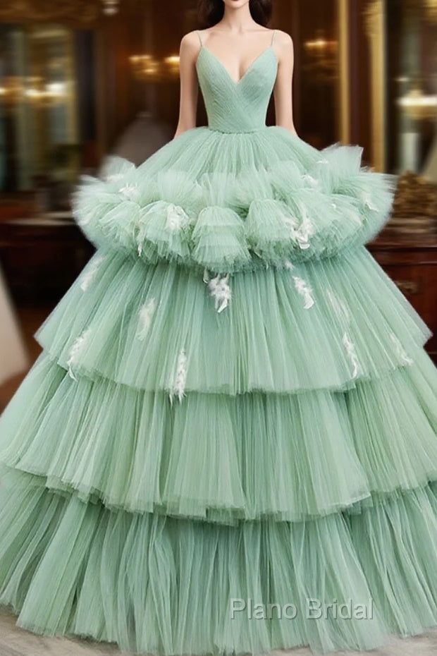 Light Green Tulle Layers Low Back Formal Prom Dresses, Light Green Sweet 16 Dresses Main image