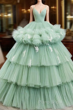 Light Green Tulle Layers Low Back Formal Prom Dresses, Light Green Sweet 16 Dresses