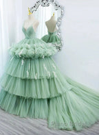 Light Green Tulle Layers Low Back Formal Prom Dresses Sweet 16 Dresses Quinceanera Dresses