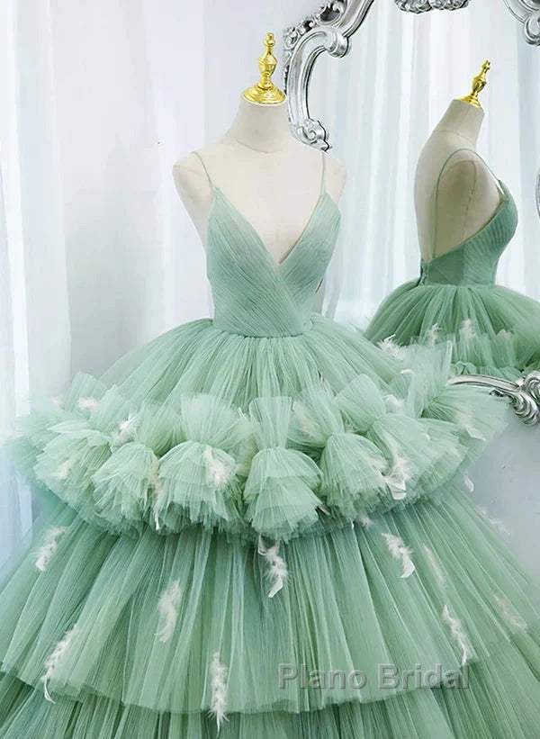 Light Green Tulle Layers Low Back Formal Prom Dresses Sweet 16 Dresses Quinceanera Dresses