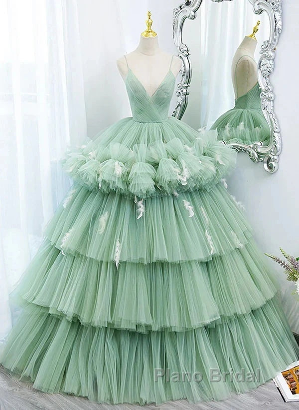 Light Green Tulle Layers Low Back Formal Prom Dresses Sweet 16 Dresses Quinceanera Dresses