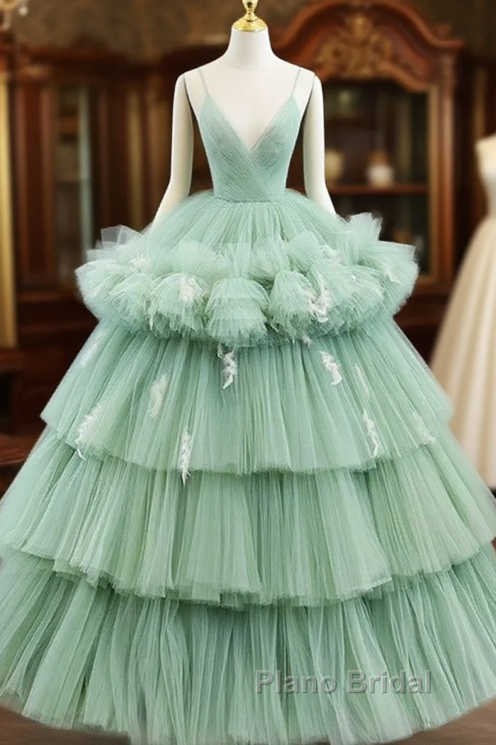 Light Green Tulle Layers Low Back Formal Prom Dresses Sweet 16 Dresses Quinceanera Dresses Main image