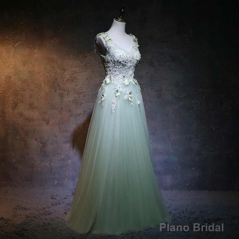 Light Green Tulle Long Party Dress, A-line Floor Length Prom Dress
