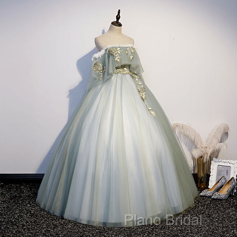 Light Green Tulle Long Party Dresses Sweet 16 Dresses, Off Shoulder Formal Prom Dresses