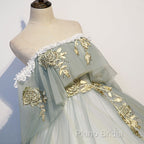 Light Green Tulle Long Party Dresses Sweet 16 Dresses, Off Shoulder Formal Prom Dresses
