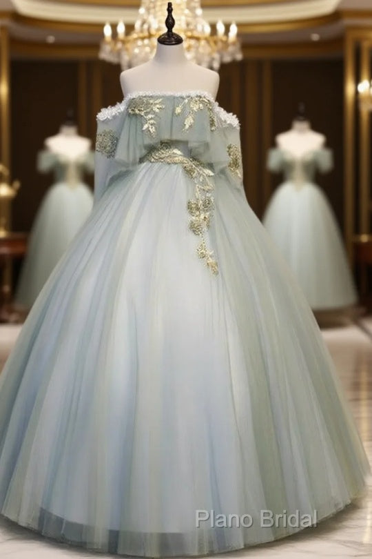 Light Green Tulle Long Party Dresses Sweet 16 Dresses, Off Shoulder Formal Prom Dresses Main image