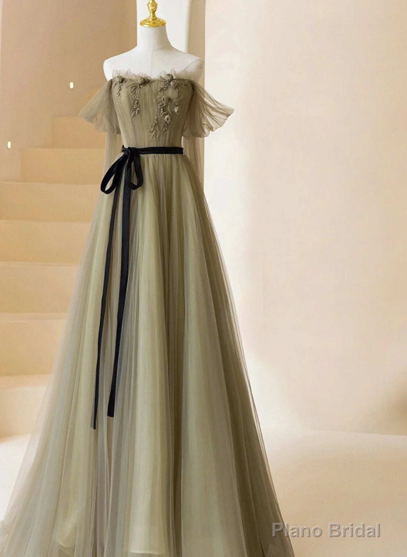 Light Green Tulle Off Shoulder with Flowers A-line Prom Dress Green Evening Gowns prom dresses shops Main image