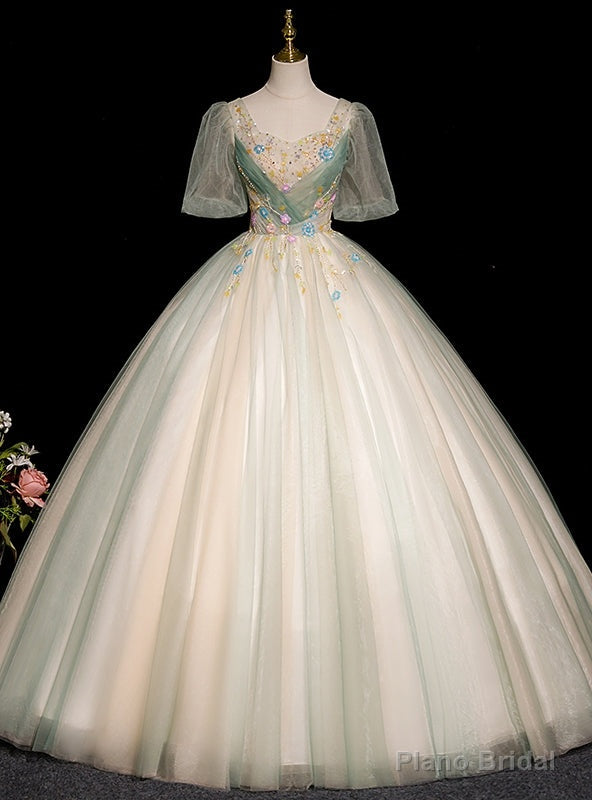 Light Green Tulle Short Sleeve Sequins Quinceanera Dress Main image