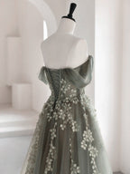 Light Green Tulle Sweetheart A-Line Long Party Dresses, Tulle Off Shoulder Formal Prom Dresses