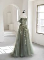 Light Green Tulle Sweetheart A-Line Long Party Dresses, Tulle Off Shoulder Formal Prom Dresses