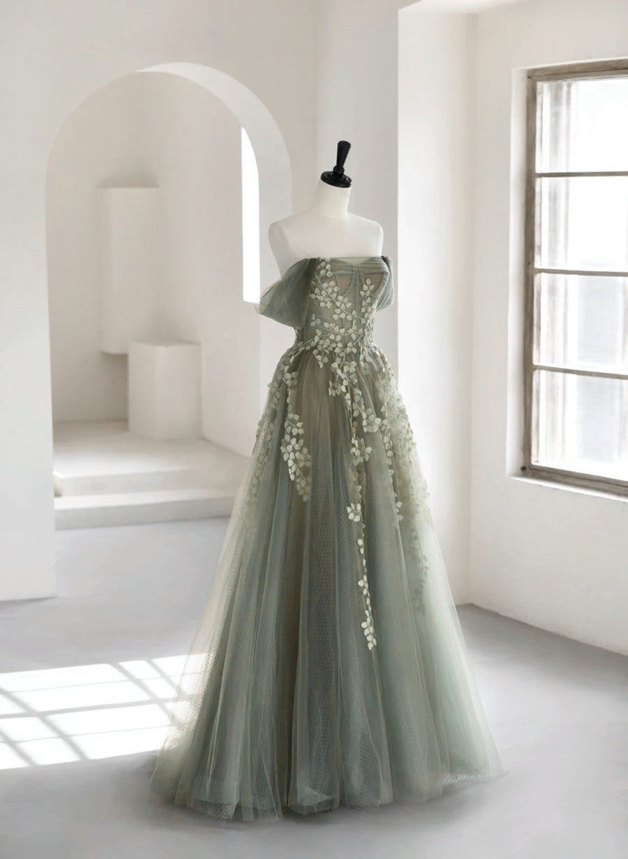 Light Green Tulle Sweetheart A-Line Long Party Dresses, Tulle Off Shoulder Formal Prom Dresses
