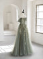 Light Green Tulle Sweetheart A-Line Long Party Dresses, Tulle Off Shoulder Formal Prom Dresses