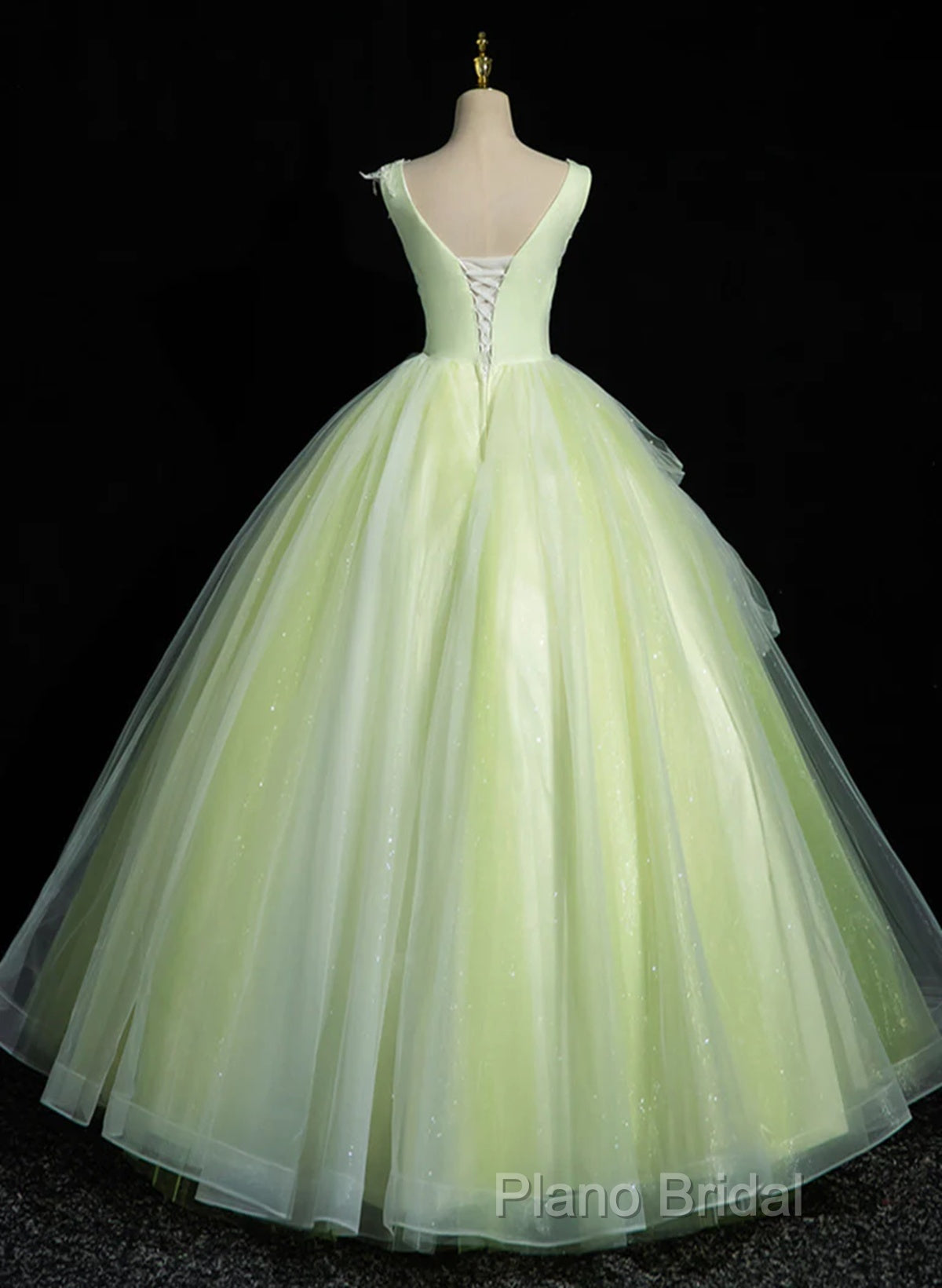 Light Green V-Neckline Tulle Long Party Dresses, Light Green Sweet 16 Dresses