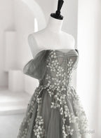 Light Grey A-line Tulle Long Formal Dress, Grey Tulle with Lace Applique Party Dress