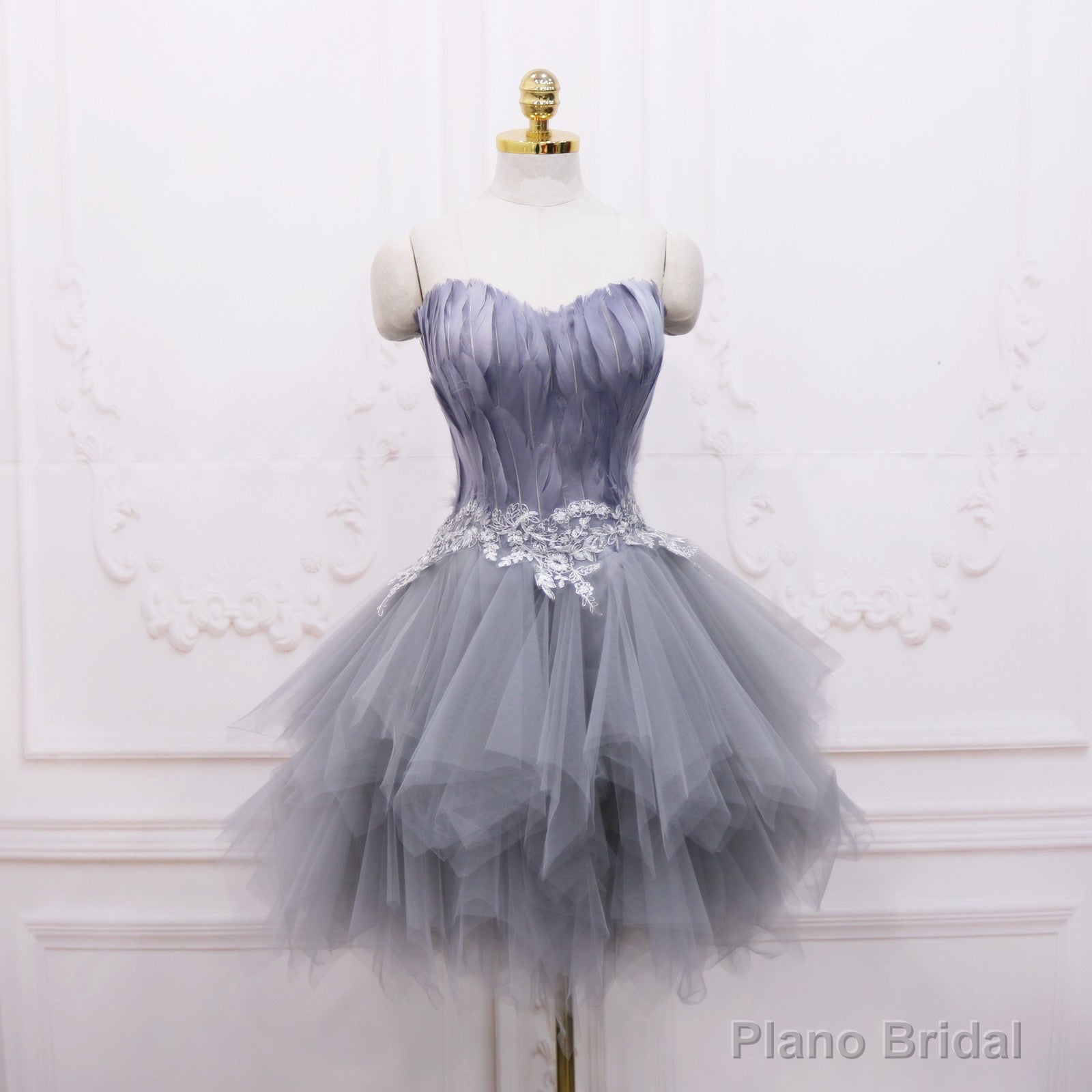 Light Grey Feather and Tulle Short Party Dress, Lovely Homecoming Dress Main image