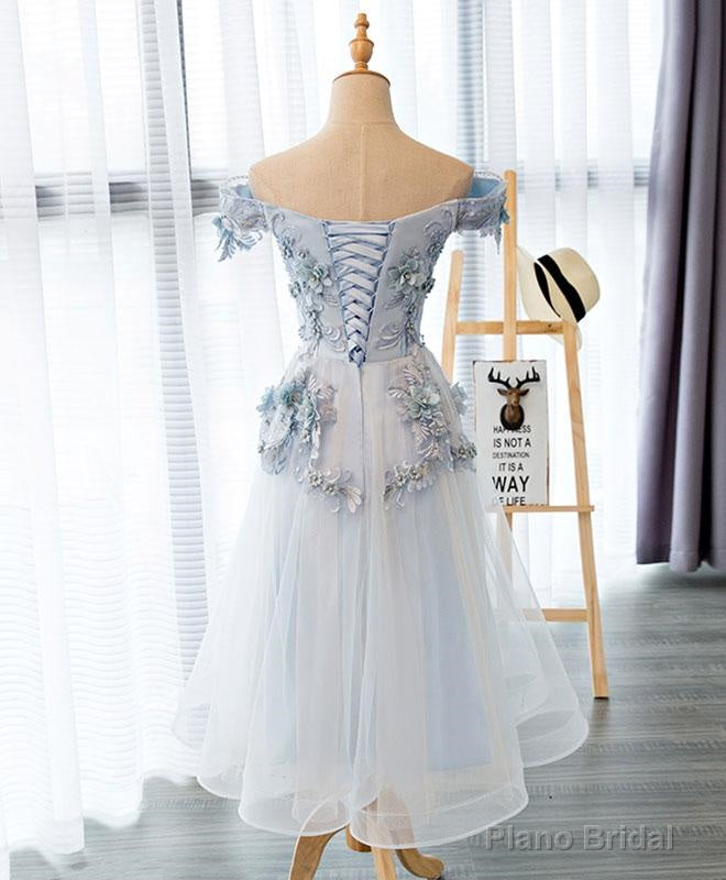 Light Grey Flowers Lace Off Shoulder Short Party Dress, Light Grey Formal Dresses Secondary image
