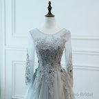 Light Grey Tulle Long Sleeves A-line Prom Dress, Grey Party Dress Formal Dress