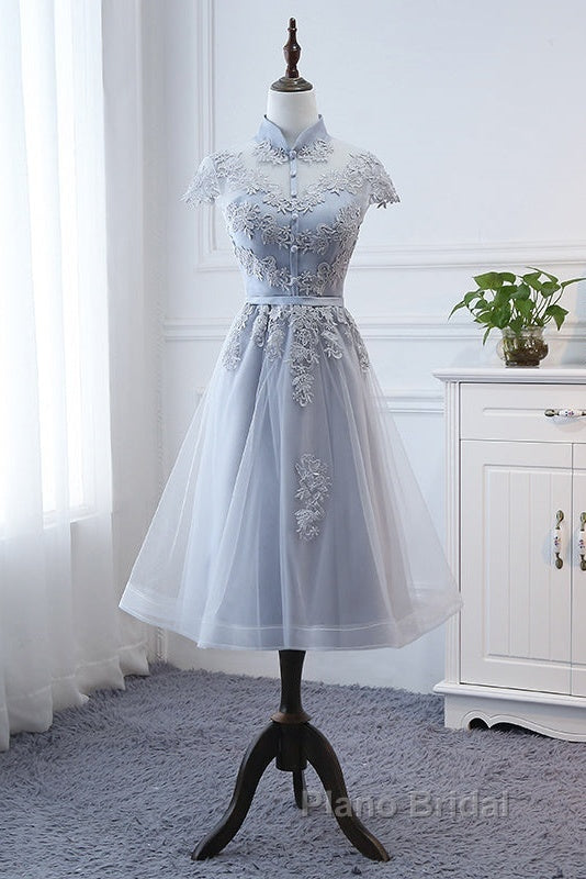 Light Grey Tulle With Lace Short Party Dresses Homecoming Dresses, Cap Sleeves Formal Dresses Secondary image