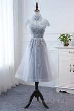 Light Grey Tulle With Lace Short Party Dresses Homecoming Dresses, Cap Sleeves Formal Dresses