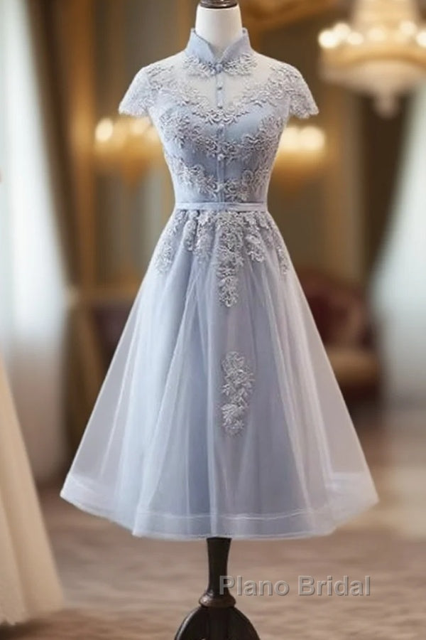 Light Grey Tulle With Lace Short Party Dresses Homecoming Dresses, Cap Sleeves Formal Dresses Main image