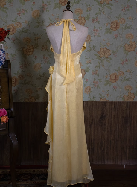 Light Luxury Retro Halterneck Sleeveless Three-dimensional Flower Backless Long Prom Dress