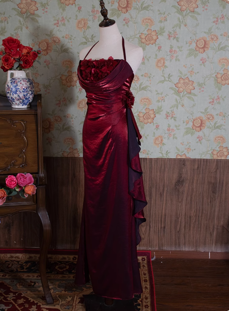 Light Luxury Retro Halterneck Sleeveless Three-dimensional Flower Backless Long Prom Dress